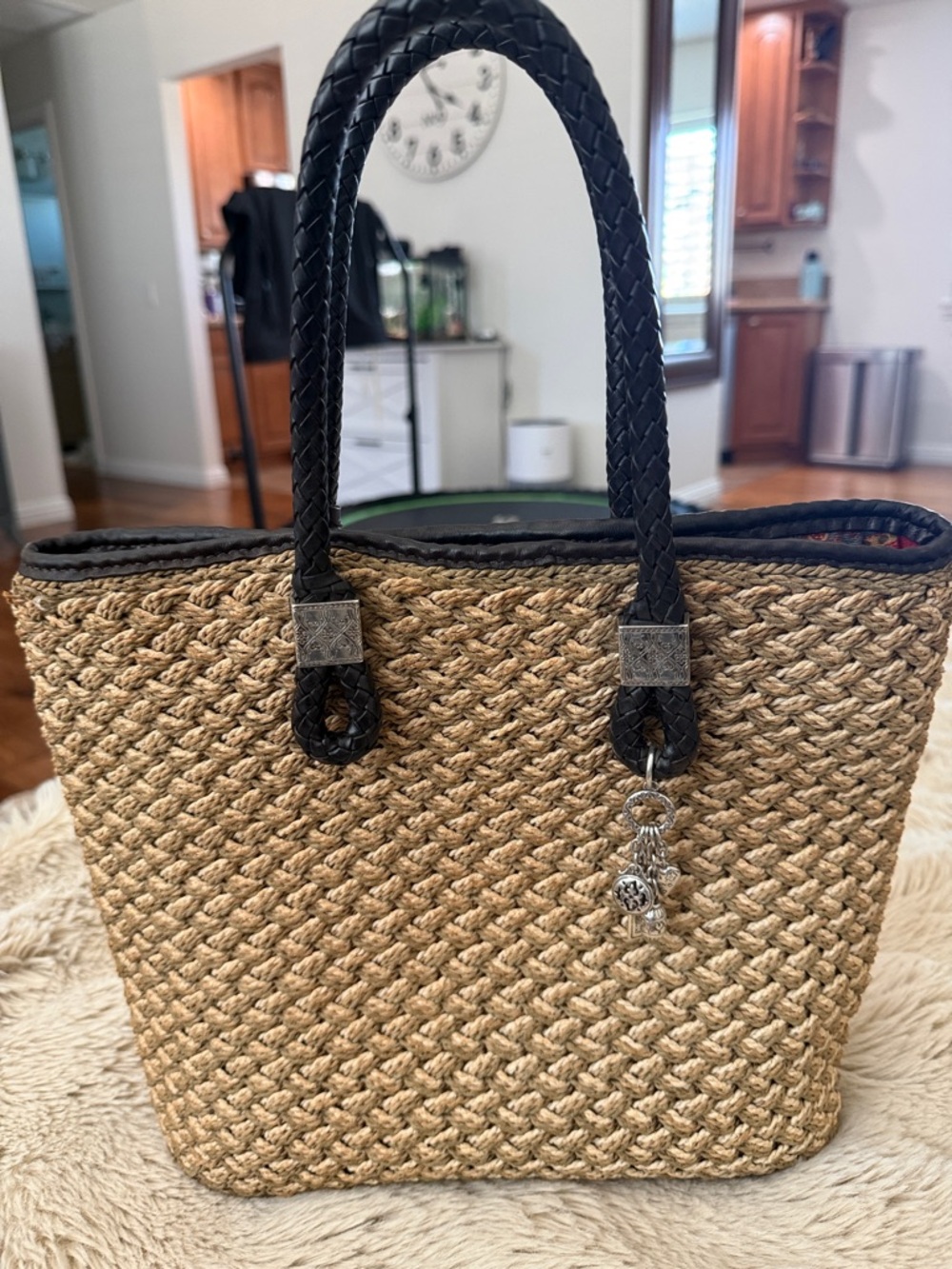Brighton Rita Woven Jute Tote Bag with Brown Braided Handles